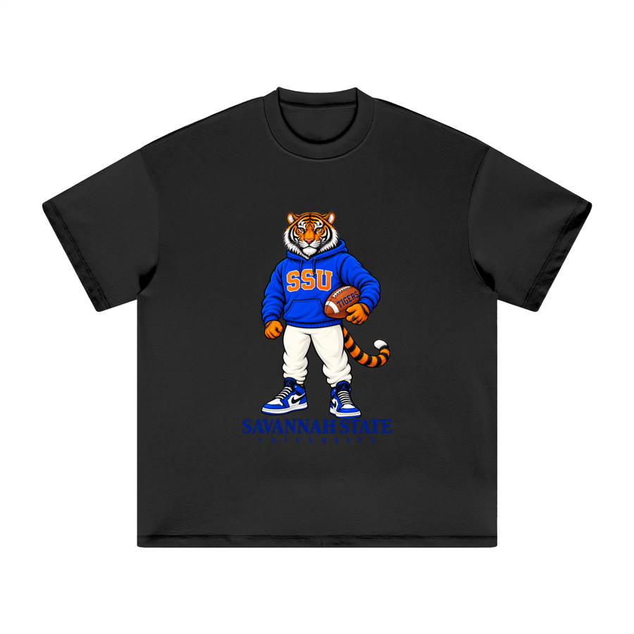 Front view of the black Savannah State Legacy Tee featuring the SSU tiger mascot in a royal blue hoodie holding a football.