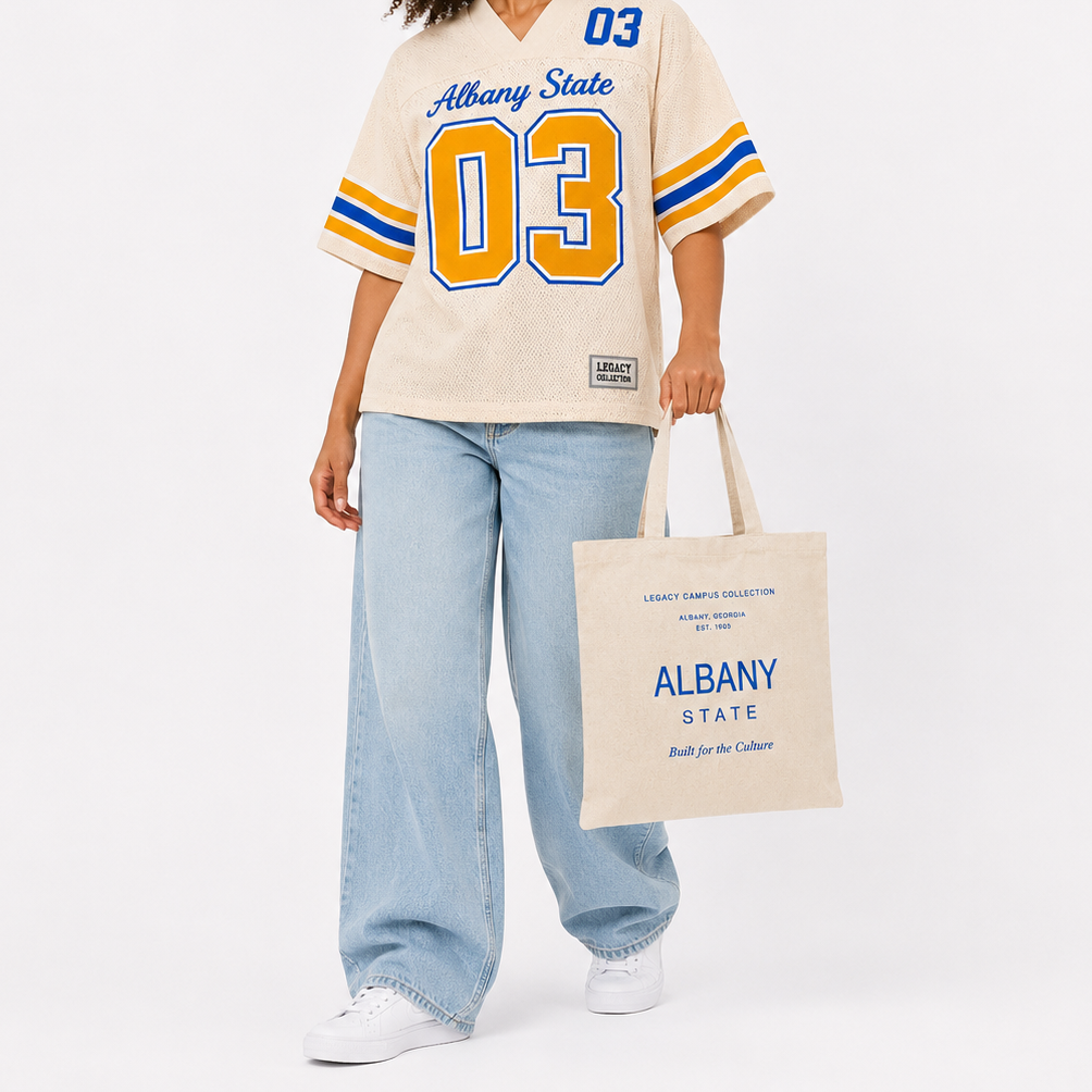 Albany State Legacy Campus Tote cropped female campaign image with Albany State tote