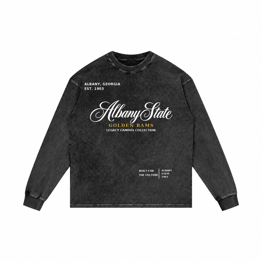 Albany State washed black long sleeve shirt front