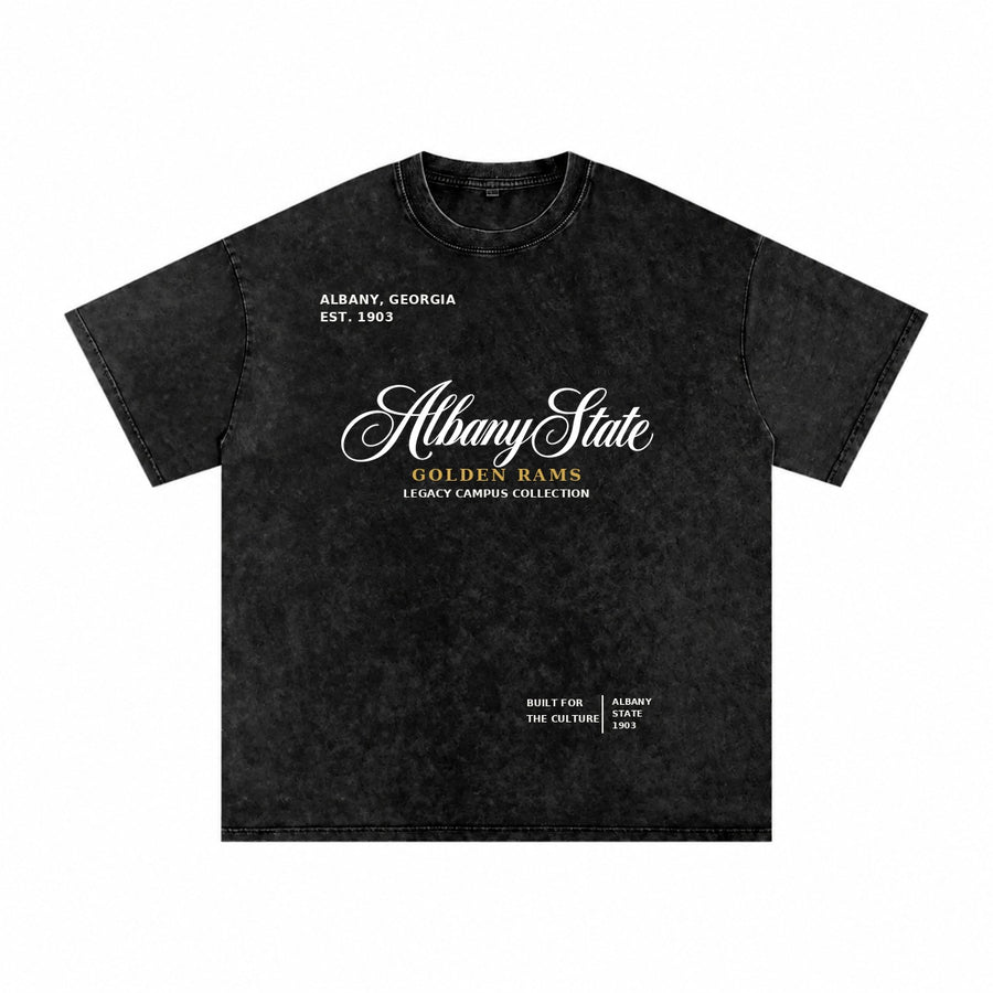 Albany State washed black short sleeve shirt front
