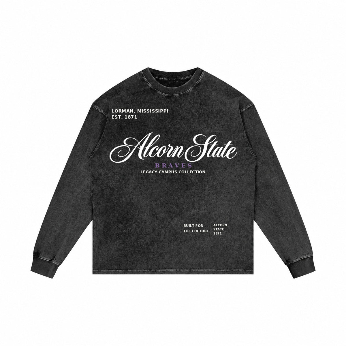Alcorn State washed black long sleeve shirt front