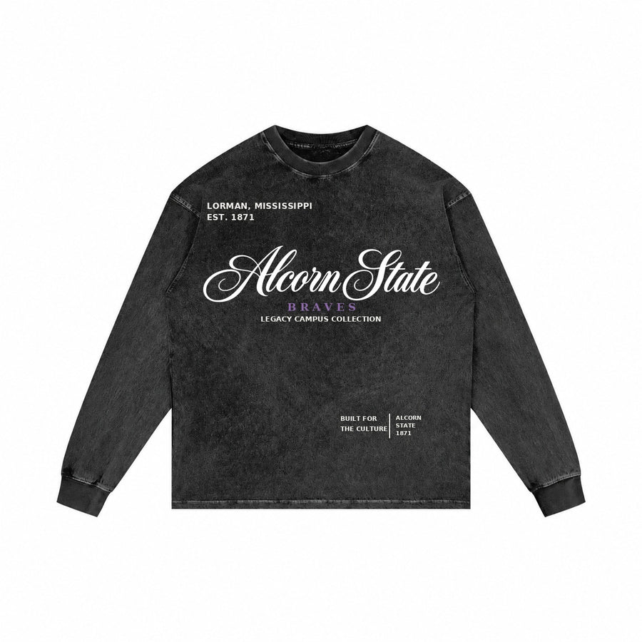 Alcorn State washed black long sleeve shirt front