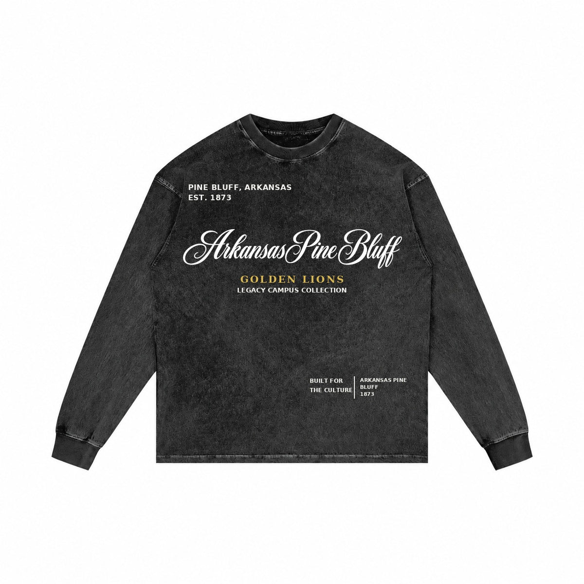 Arkansas Pine Bluff washed black long sleeve shirt front