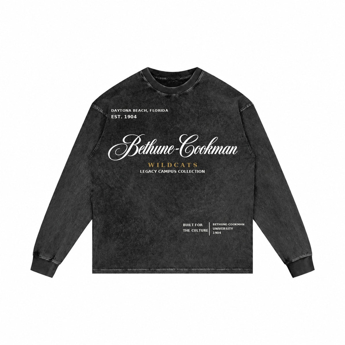 Bethune-Cookman washed black long sleeve shirt front