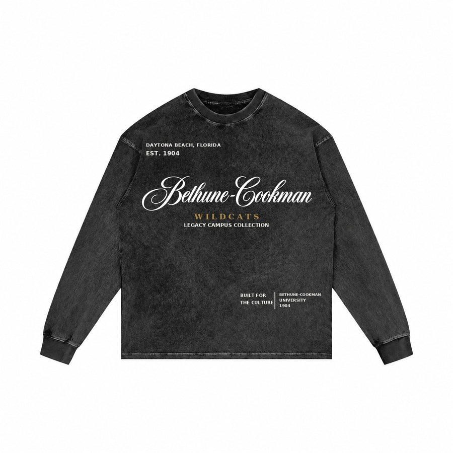 Bethune-Cookman washed black long sleeve shirt front