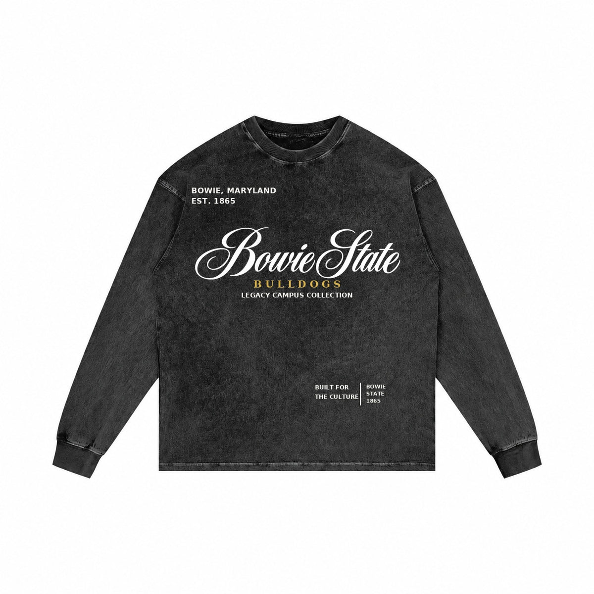 Bowie State washed black long sleeve shirt front