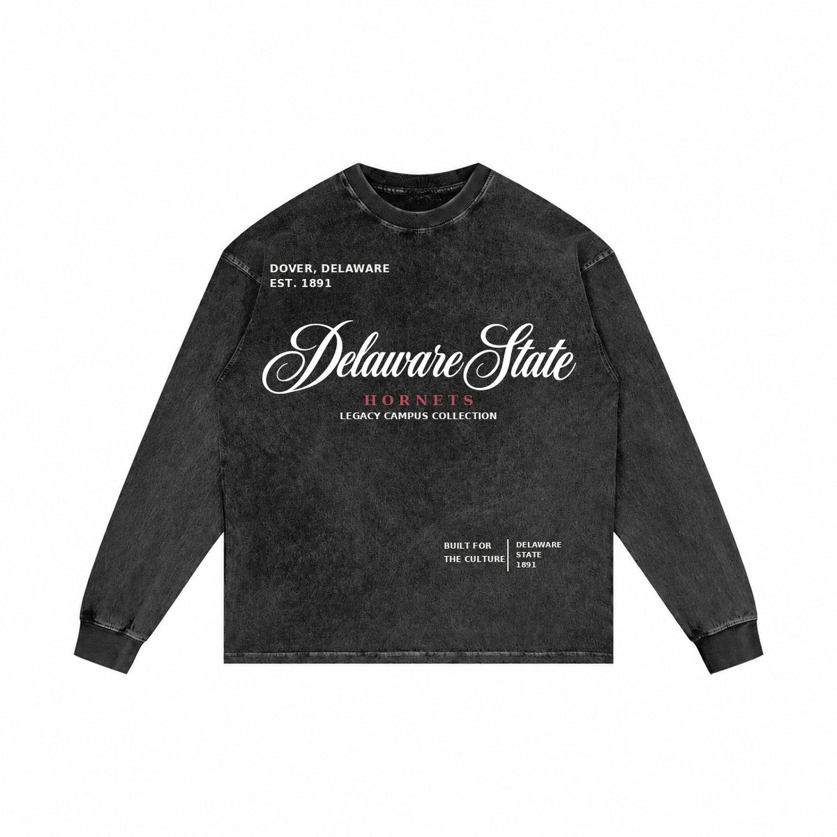 Delaware State washed black long sleeve shirt front