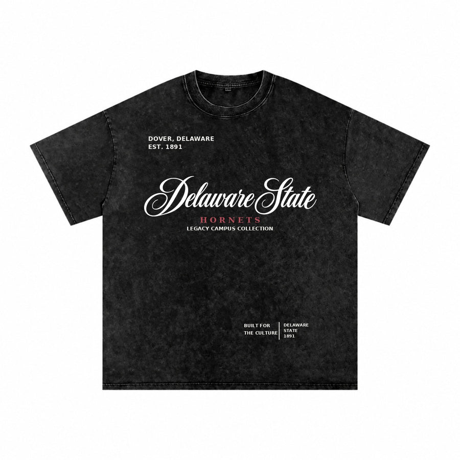 Delaware State washed black short sleeve shirt front