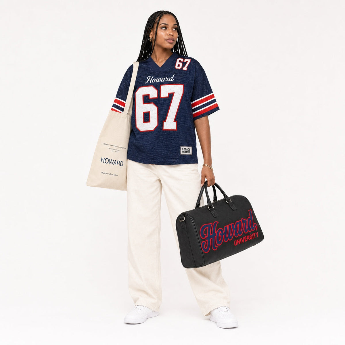 Howard Legacy Campus Collection female campaign model with Howard travel bag and tote