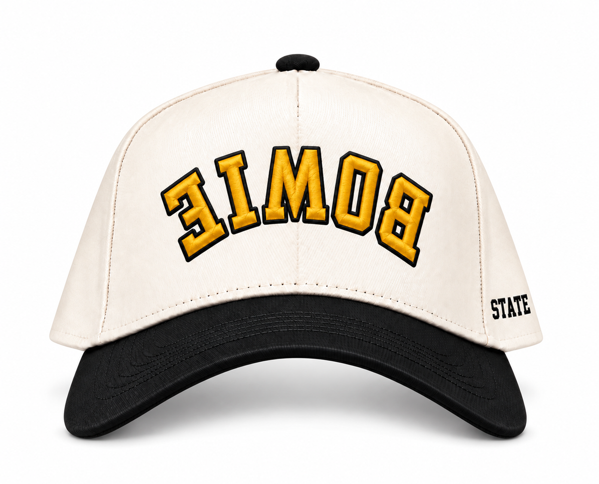 Bowie State upside down cap with cream crown and black brim