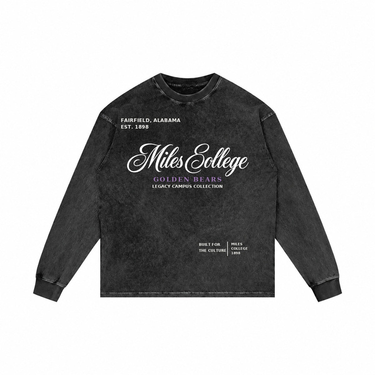 Miles College washed black long sleeve shirt front
