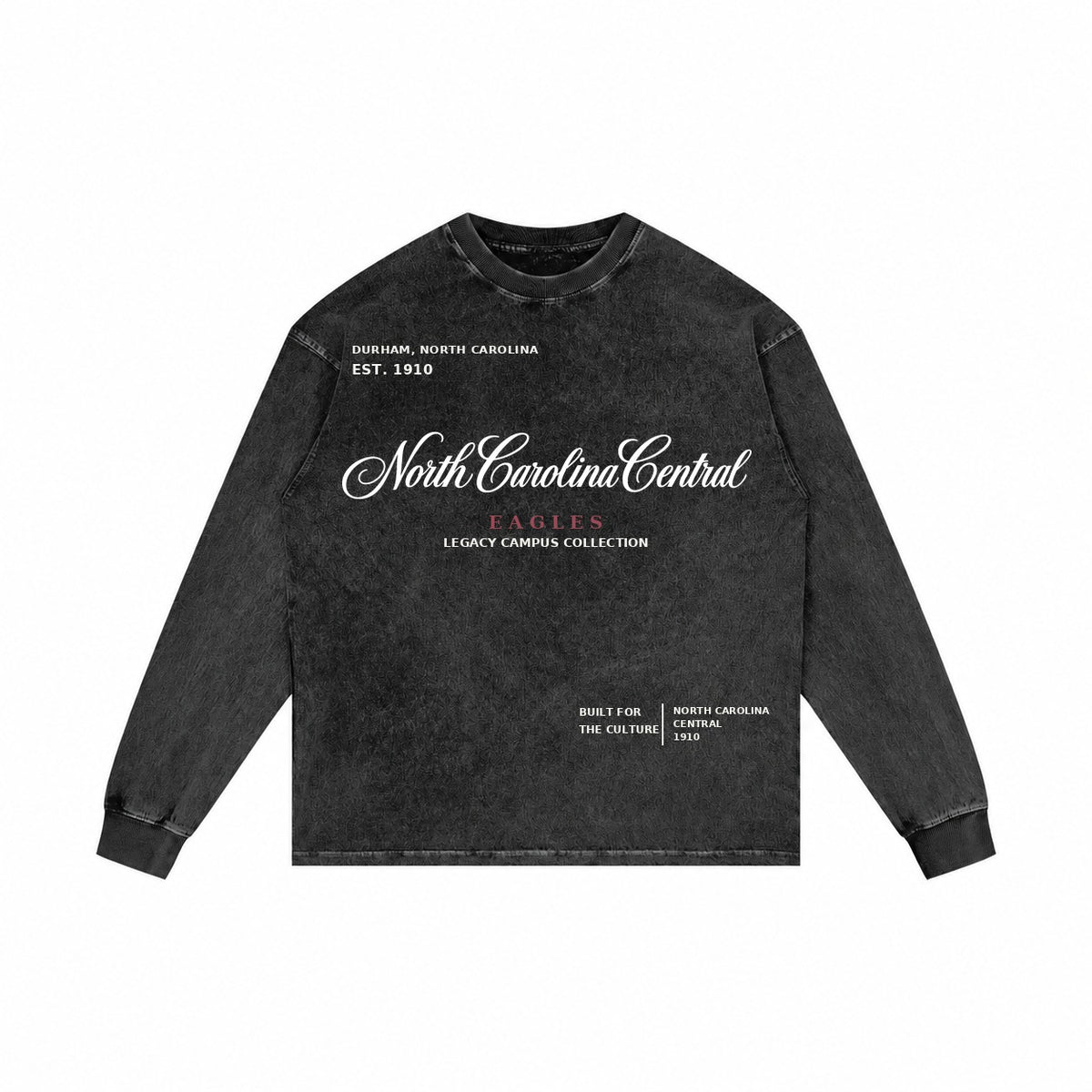 North Carolina Central washed black long sleeve shirt front