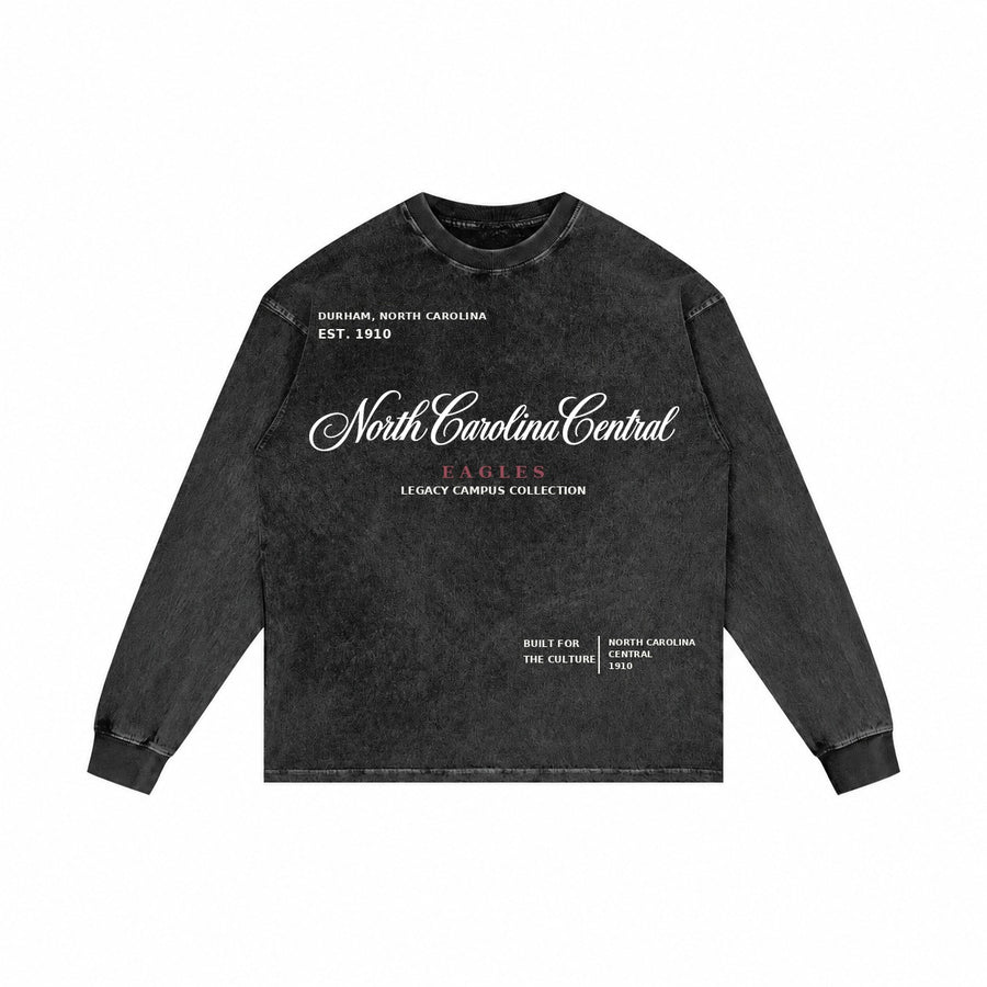 North Carolina Central washed black long sleeve shirt front