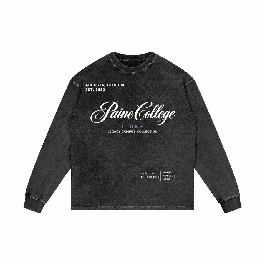 Paine College washed black long sleeve shirt front