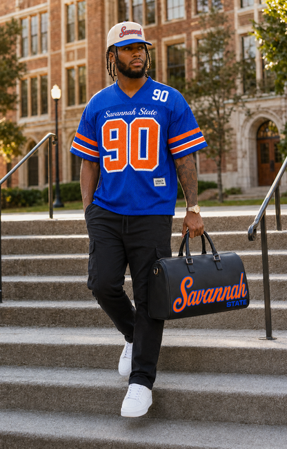 Savannah State Legacy travel bag carried in campus walking lifestyle