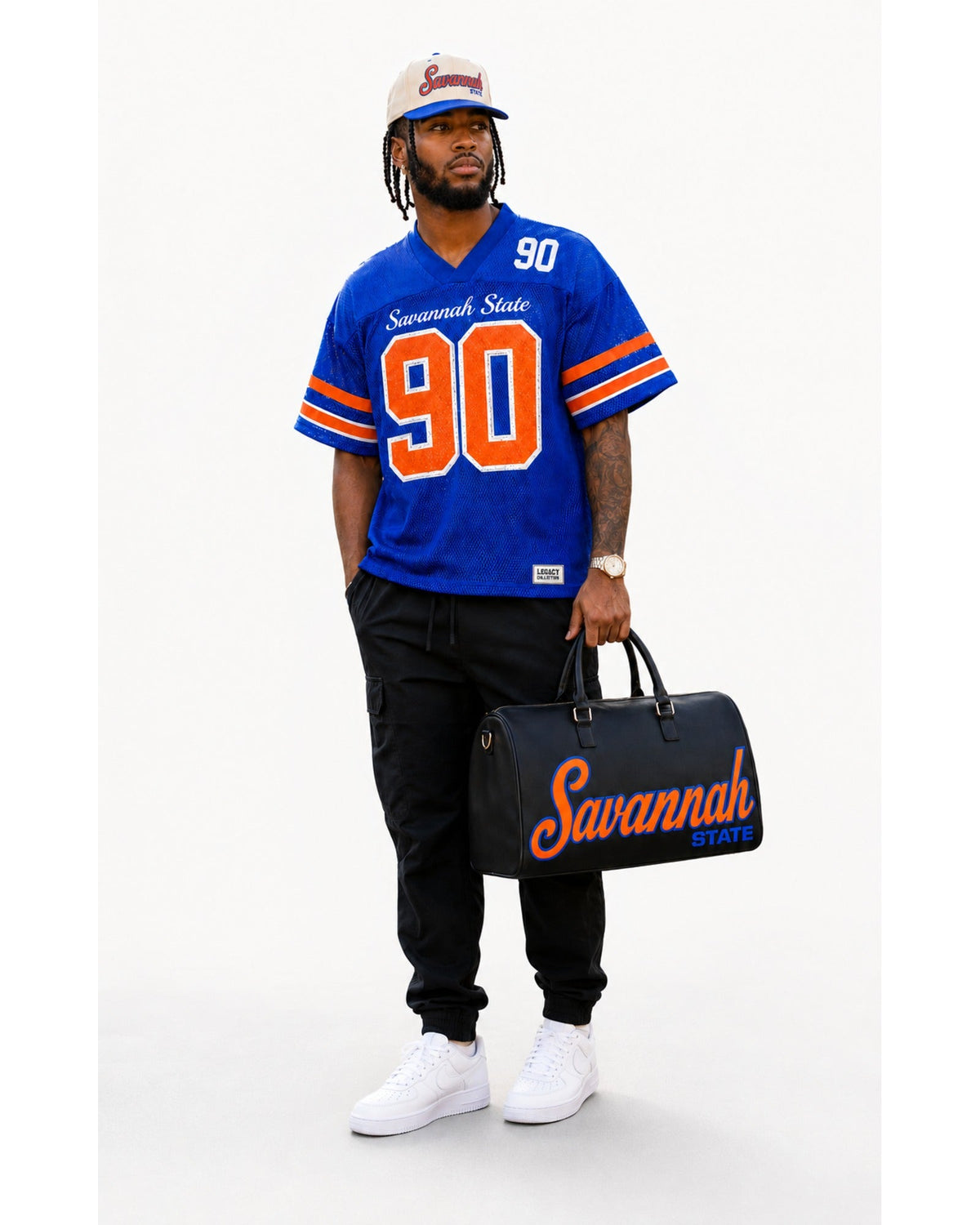 Savannah State Legacy cap with royal blue jersey and travel bag