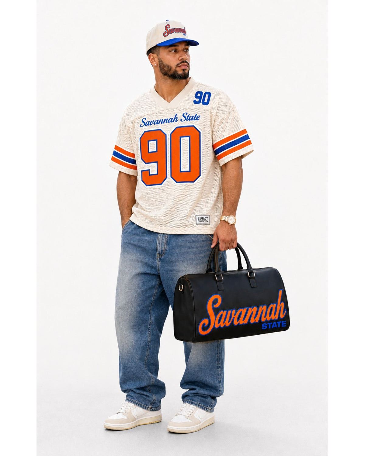 Savannah State Legacy cap with cream jersey and travel bag