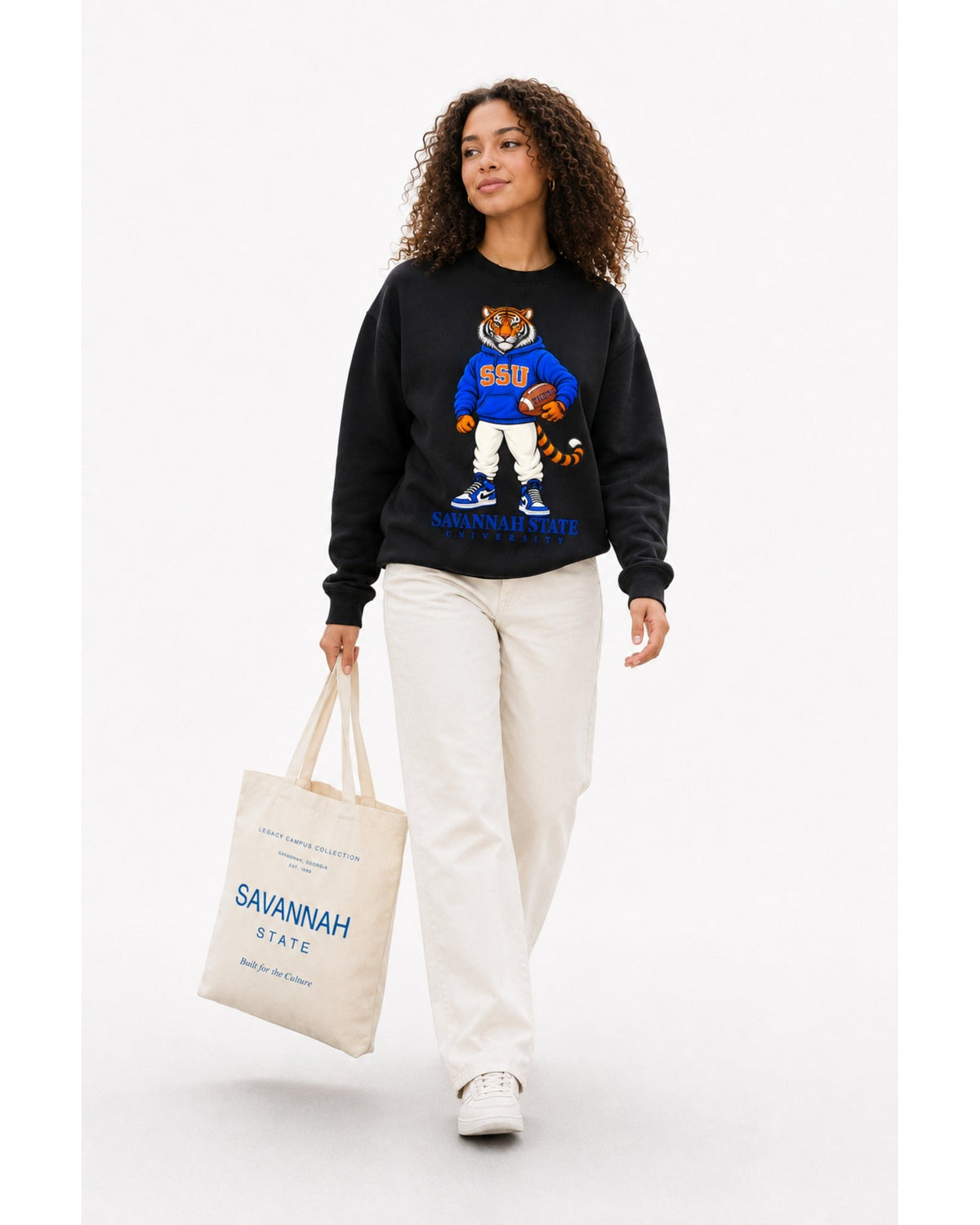 Savannah State Legacy crewneck walking studio view