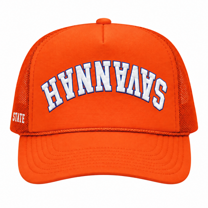 Orange Savannah upside down trucker hat front view without sticker
