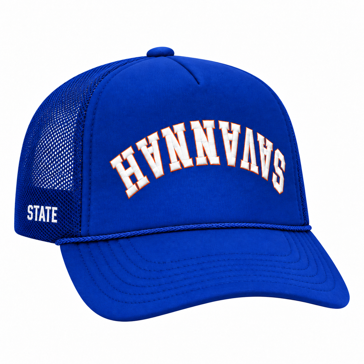 Royal Savannah upside down trucker hat matching angled view without sticker