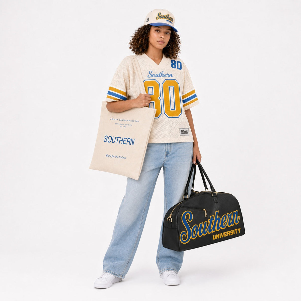 Southern Legacy Campus Collection female campaign model wearing Southern cap